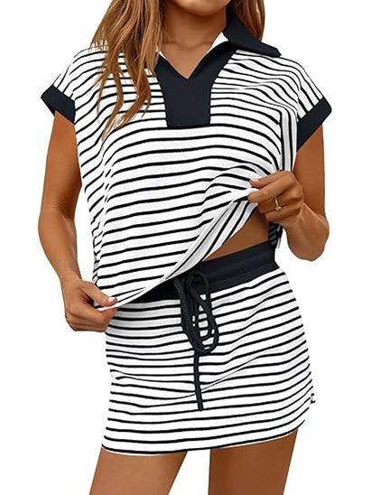 Limited time sale🔥Women's Striped V-neck 2 Piece Skirt Set