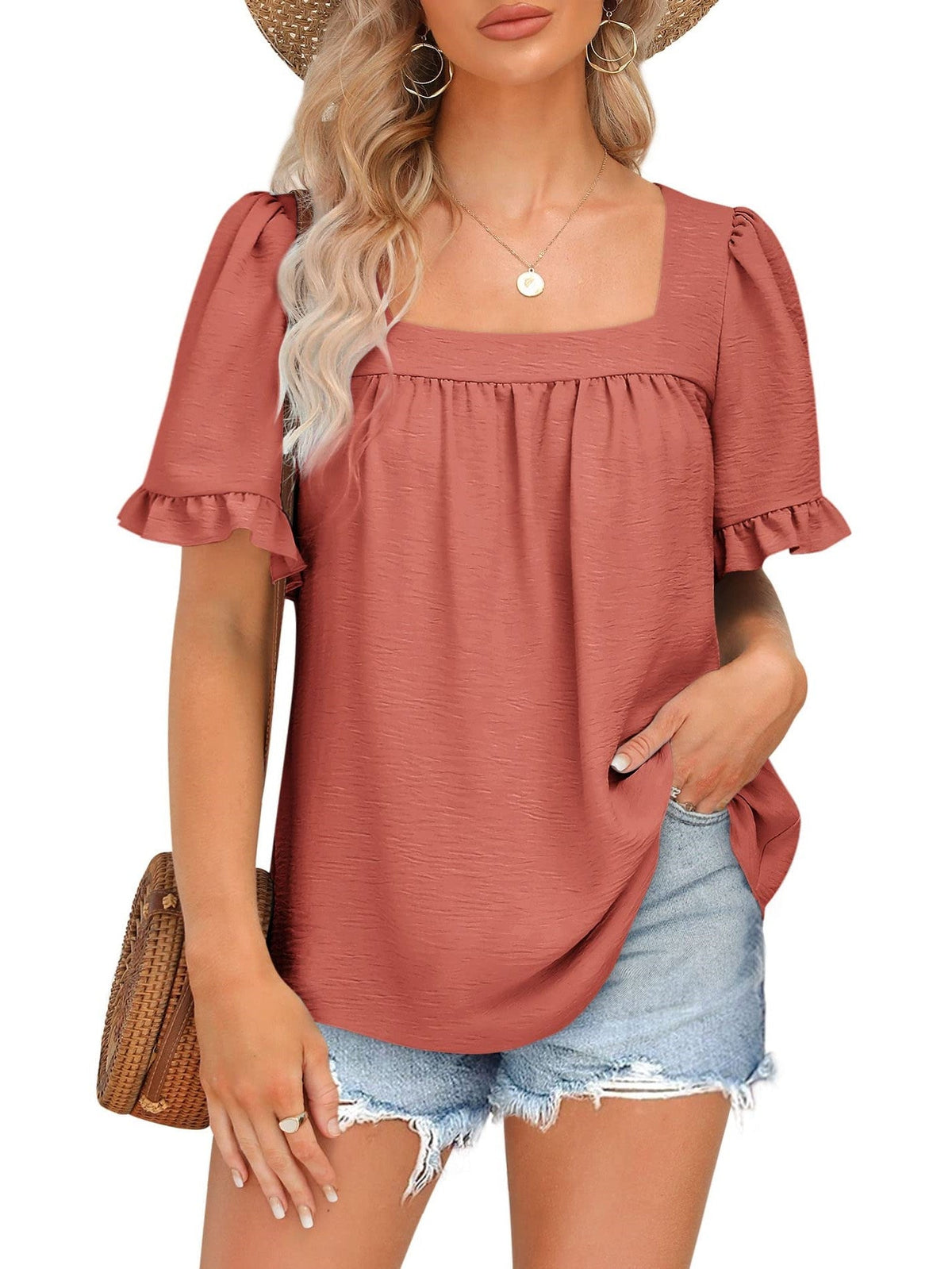 Limited time sale🔥Women's Sqaure Neck Ruffle Sleeve Blouses Peplum Tops