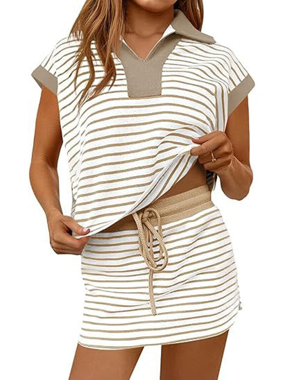 Limited time sale🔥Women's Striped V-neck 2 Piece Skirt Set