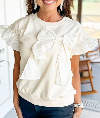 Limited time sale🔥 Contrast Ribbon Bow Ruffle Sleeve Top