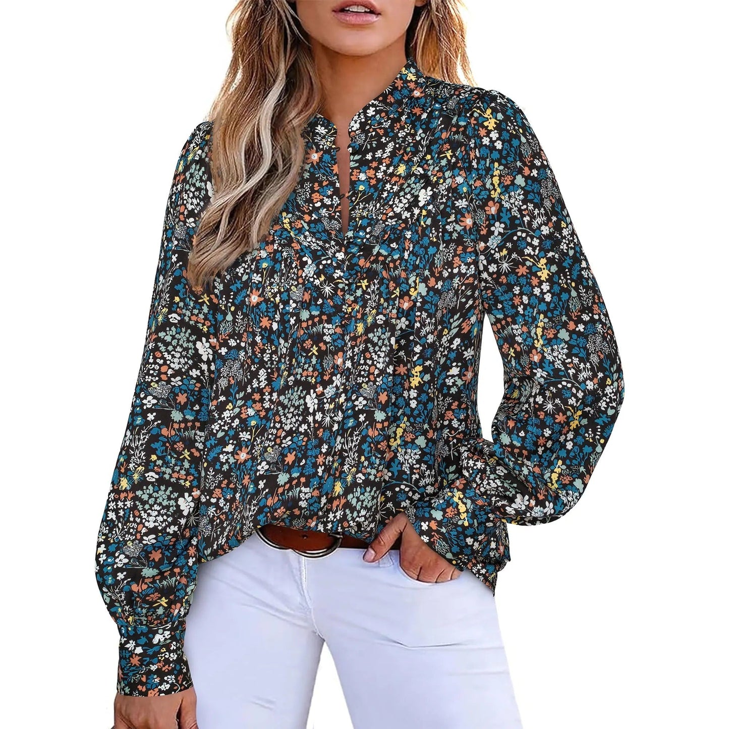 Women's Boho Floral V-Neck Half Button Down Blouse