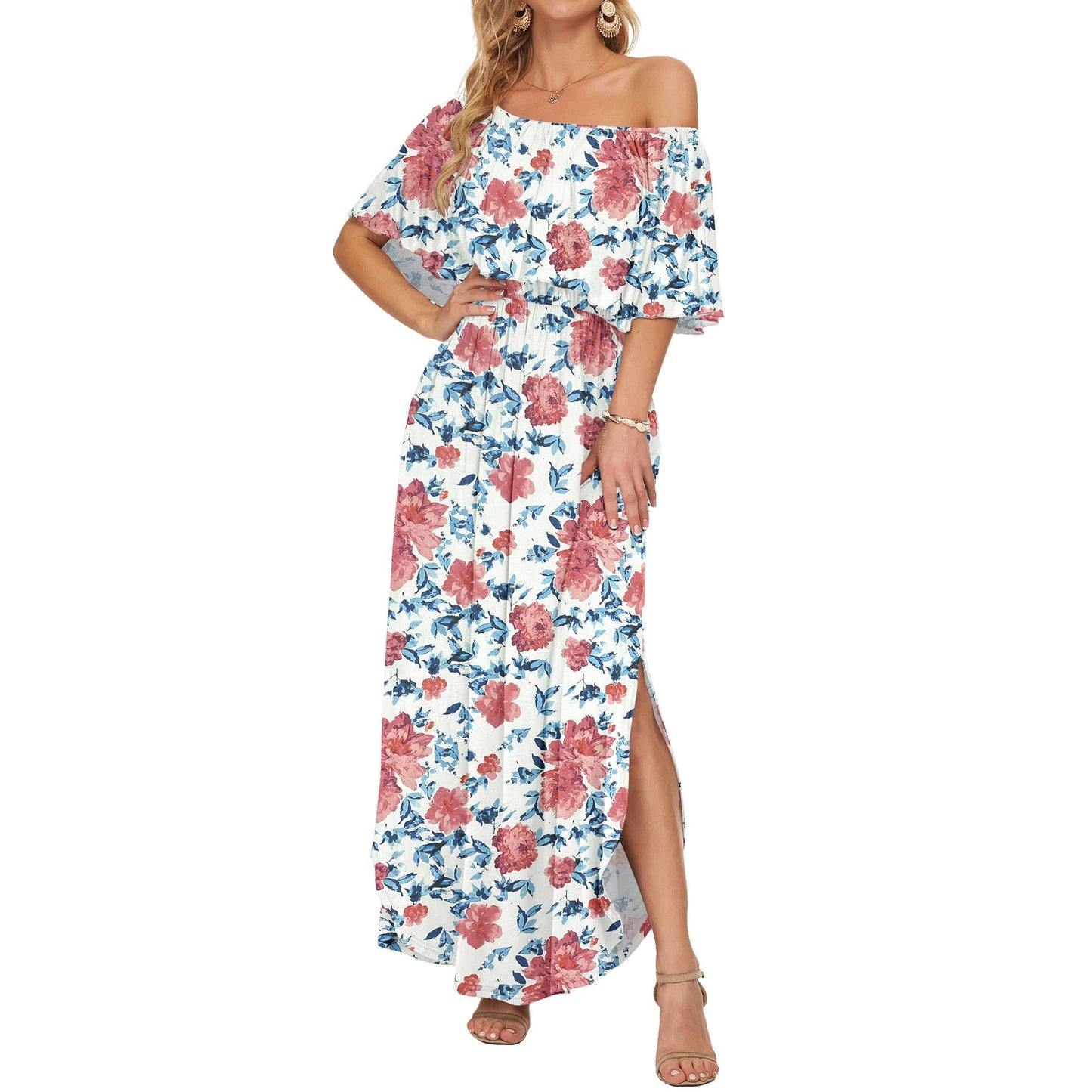 Women's Off-Shoulder Floral Maxi Dress with Pockets & Side Slit