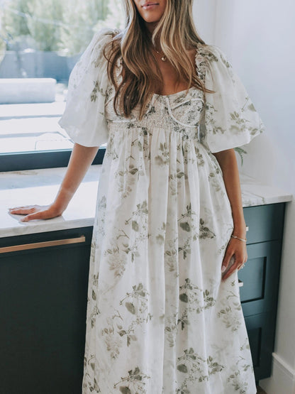 Women's Square Neck Smocked Waist Floral Dress