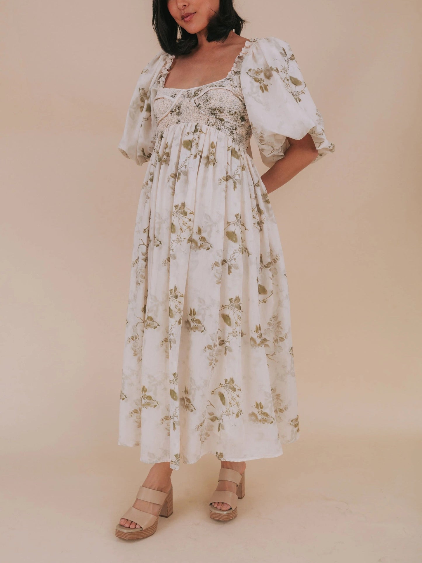 Women's Square Neck Smocked Waist Floral Dress