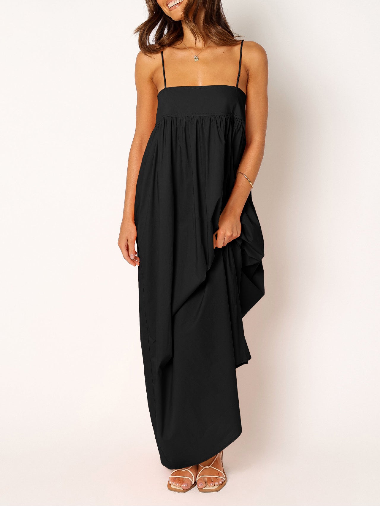 Women's Summer Backless Tied Spaghetti Straps Casual  Cutout Maxi Dress with Pockets