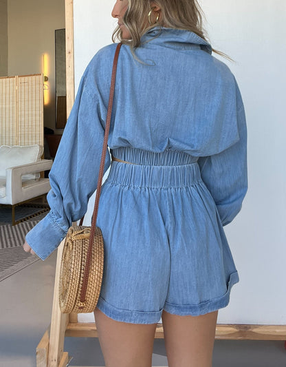 2024 Long Sleeves Crop Shirt and Shorts Denim Set (Buy 2 Free Shipping)