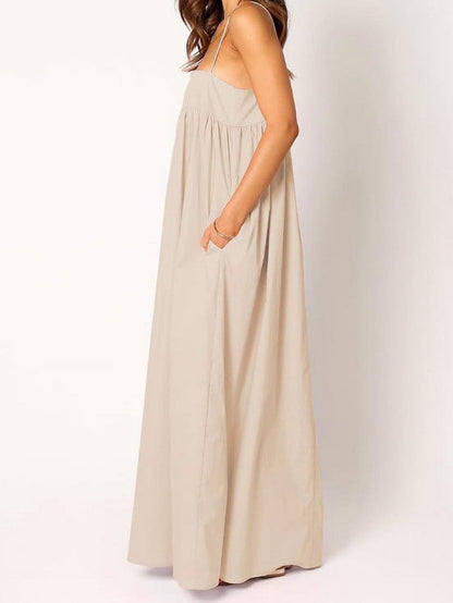 Women's Summer Backless Tied Spaghetti Straps Casual  Cutout Maxi Dress with Pockets