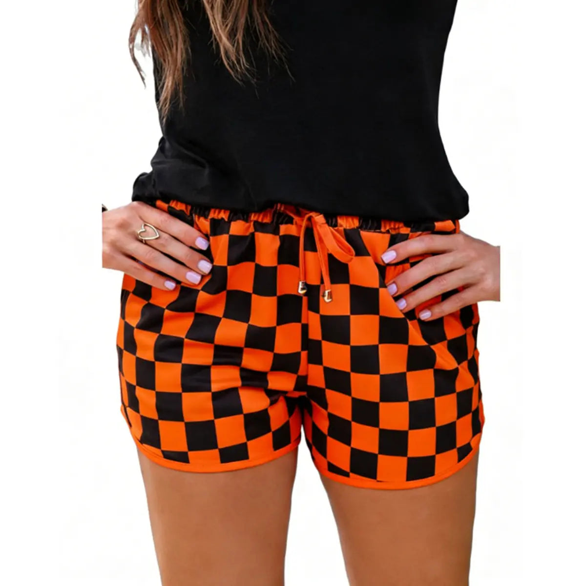 Women's Checkered Adjustable Drawstring Elastic Waist Casual Shorts