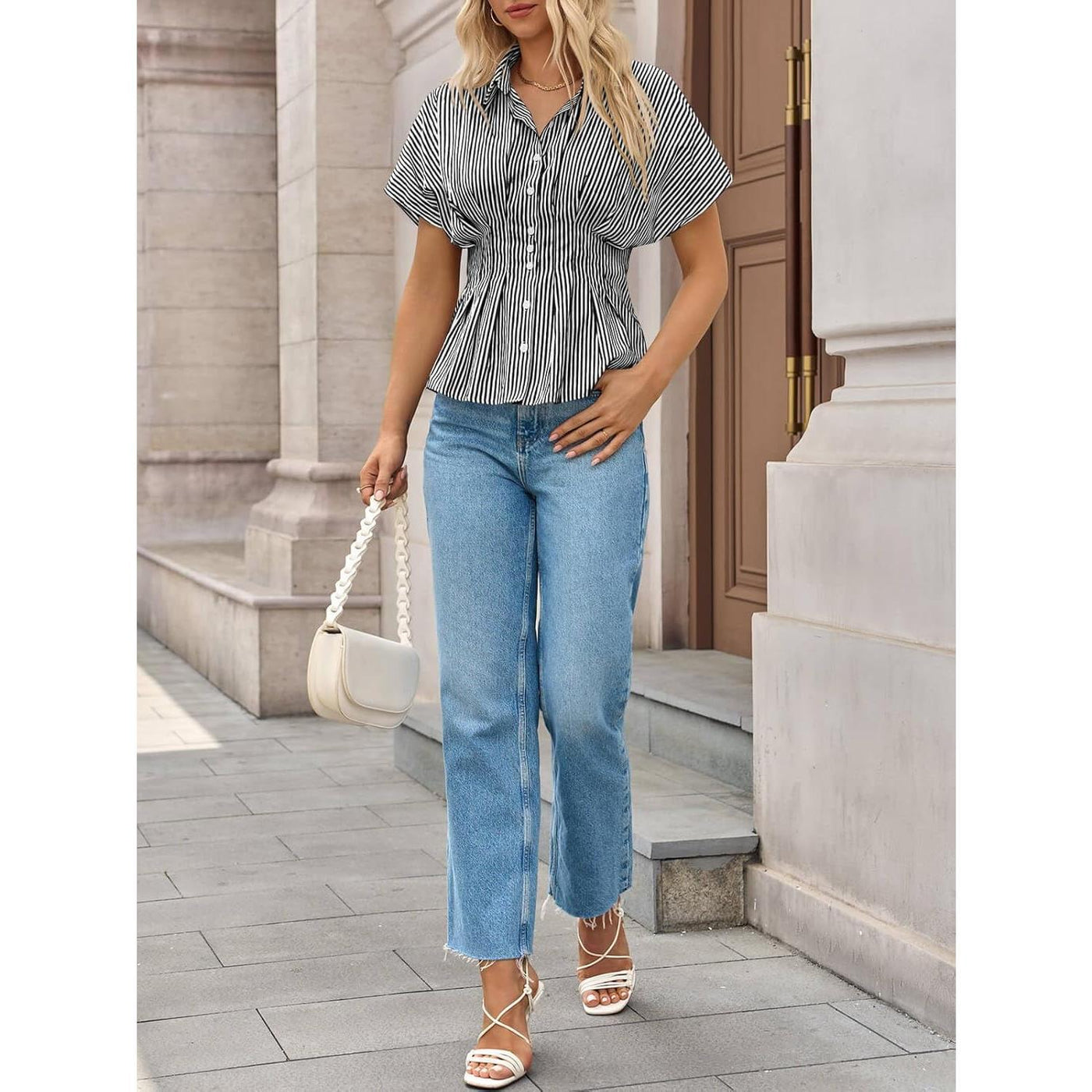 Women's Striped Peplum Button-Down Blouse