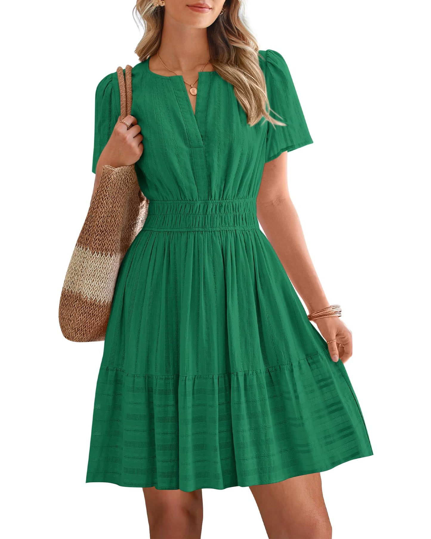 Women's Lightweight Short Sleeve V Neck Elastic Waist Mini Dress