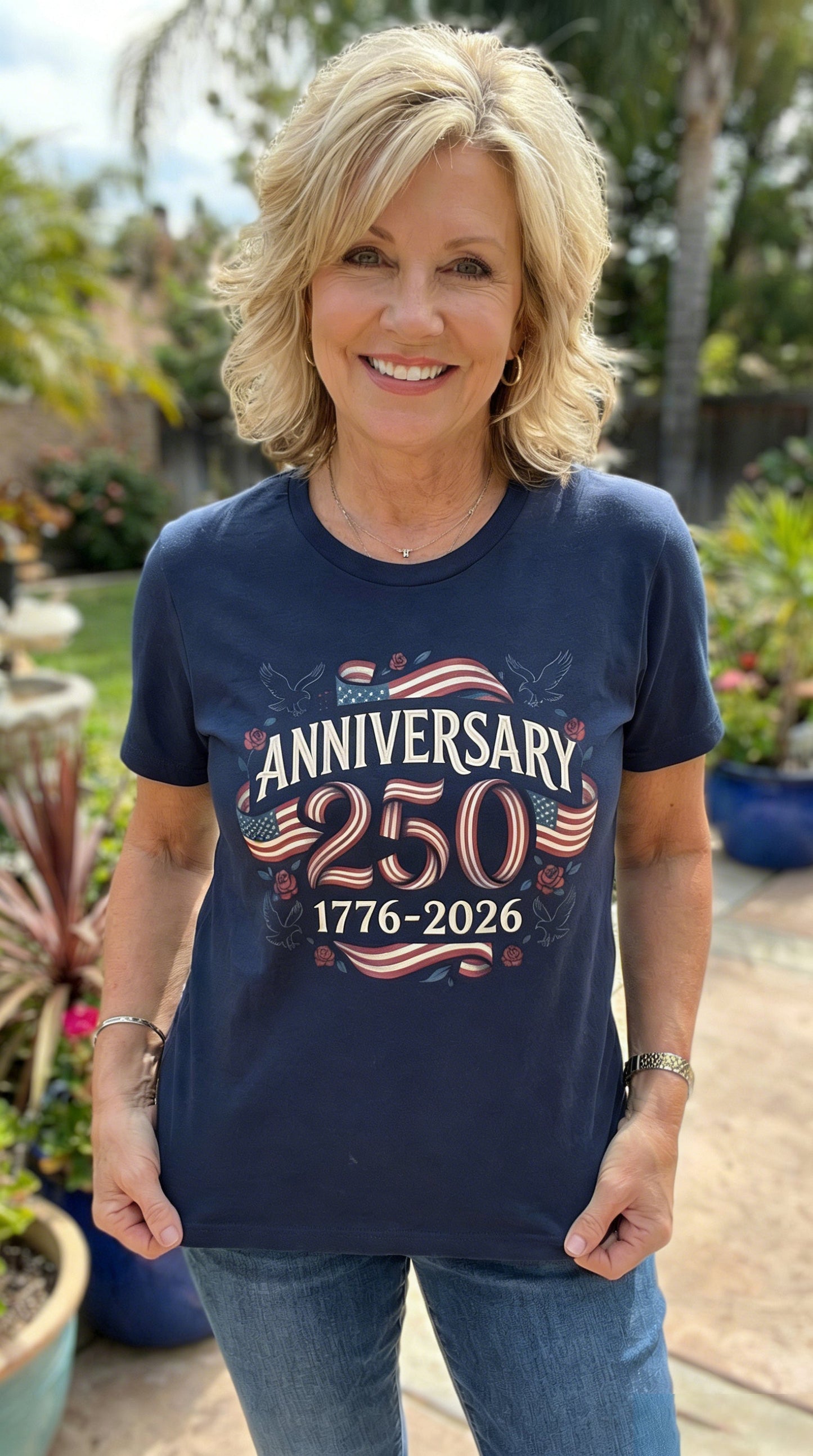 America 250th Anniversary Flag & Rose Graphic T-Shirt