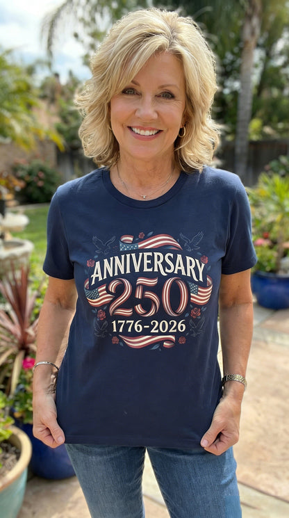 America 250th Anniversary Flag & Rose Graphic T-Shirt