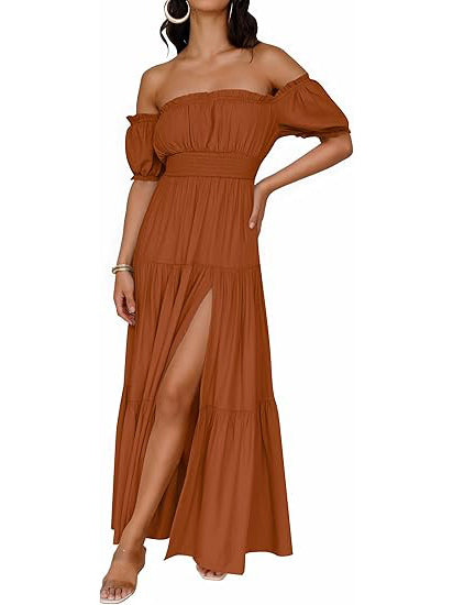 Women's Off Shoulder Side Split Flowy Maxi Dress