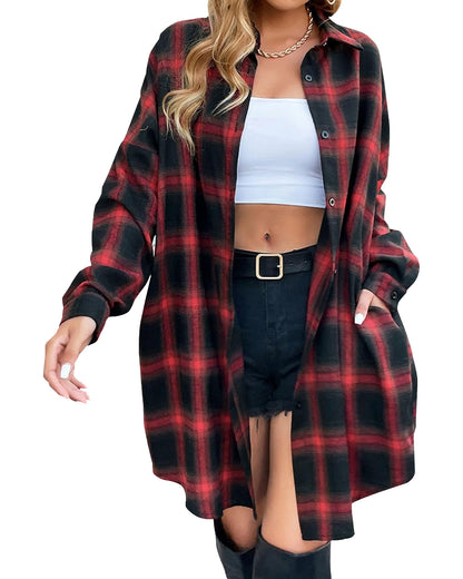 Limited time sale 🔥Women's Flannel Shirts Plaid Shacket Collared Long Jacket Coats