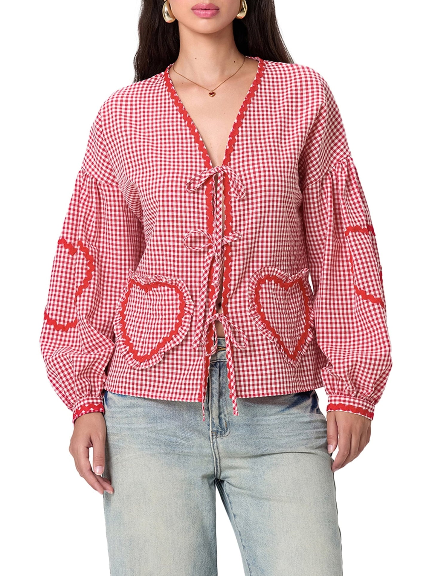✨Women Cute Plaid Blouses Long Sleeve V-Neck Bow Tie Front Tops with Pockets