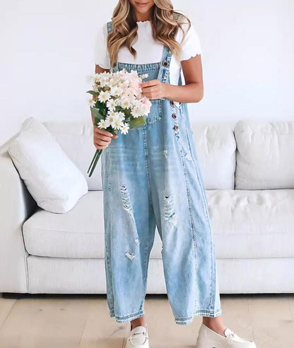 Limited time sale🔥Women's Cute Casual Button Jumpsuit Ripped Denim Overalls
