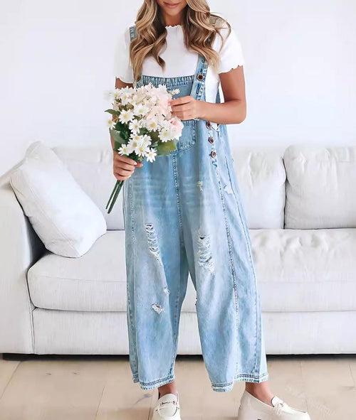 Limited time sale🔥Women's Cute Casual Button Jumpsuit Ripped Denim Overalls