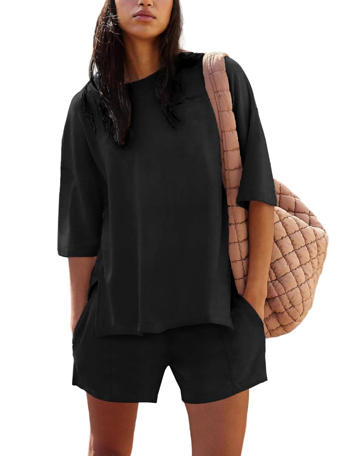 Women's Casual Solid Color Suit with Slit Top and Shorts