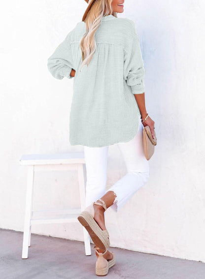 Limited time sale🔥Womens Casual Gauze Button Neck Long Sleeve Oversized BlousesTops