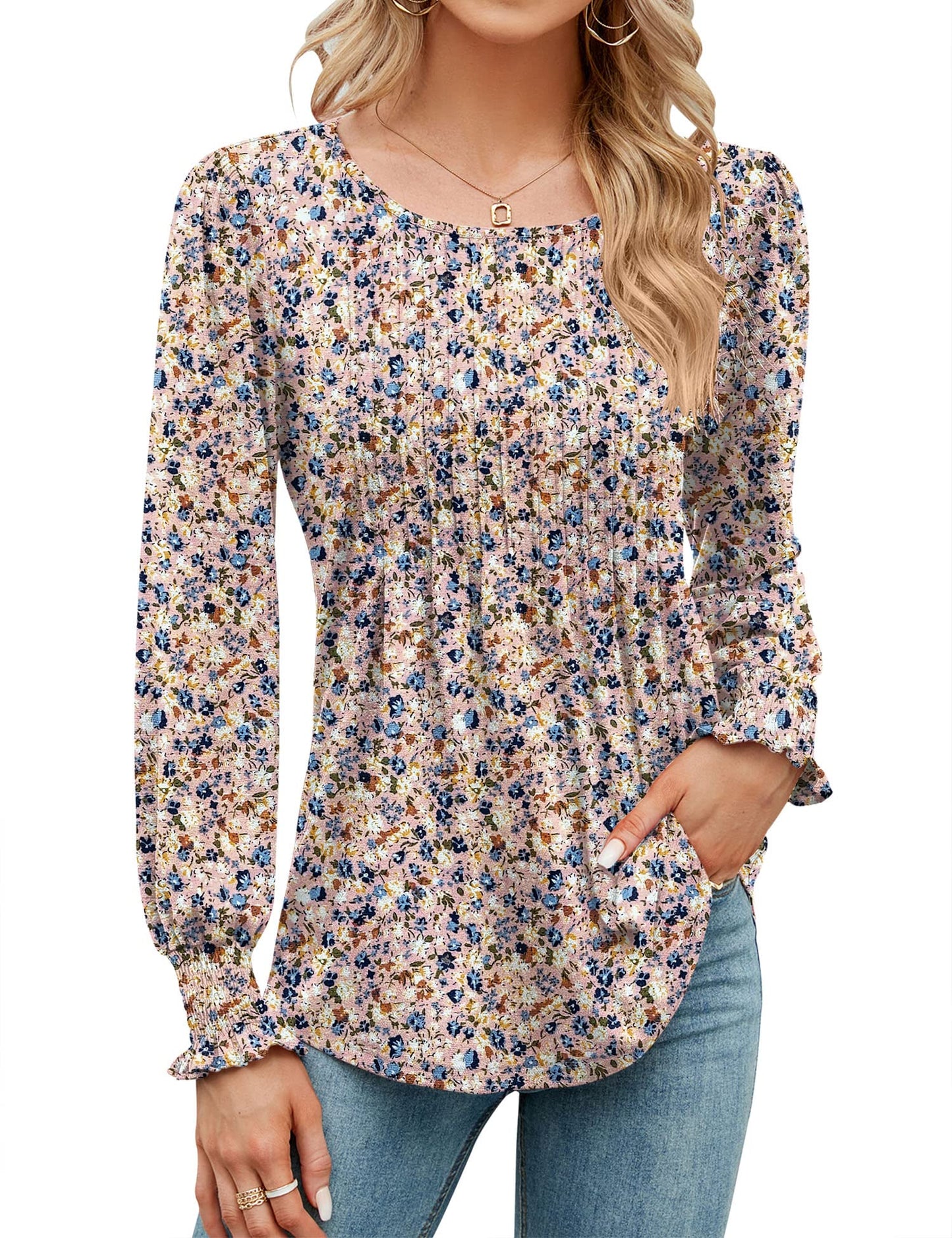 ✨Puff Long Sleeve Pleated Crew Neck Tunic Top
