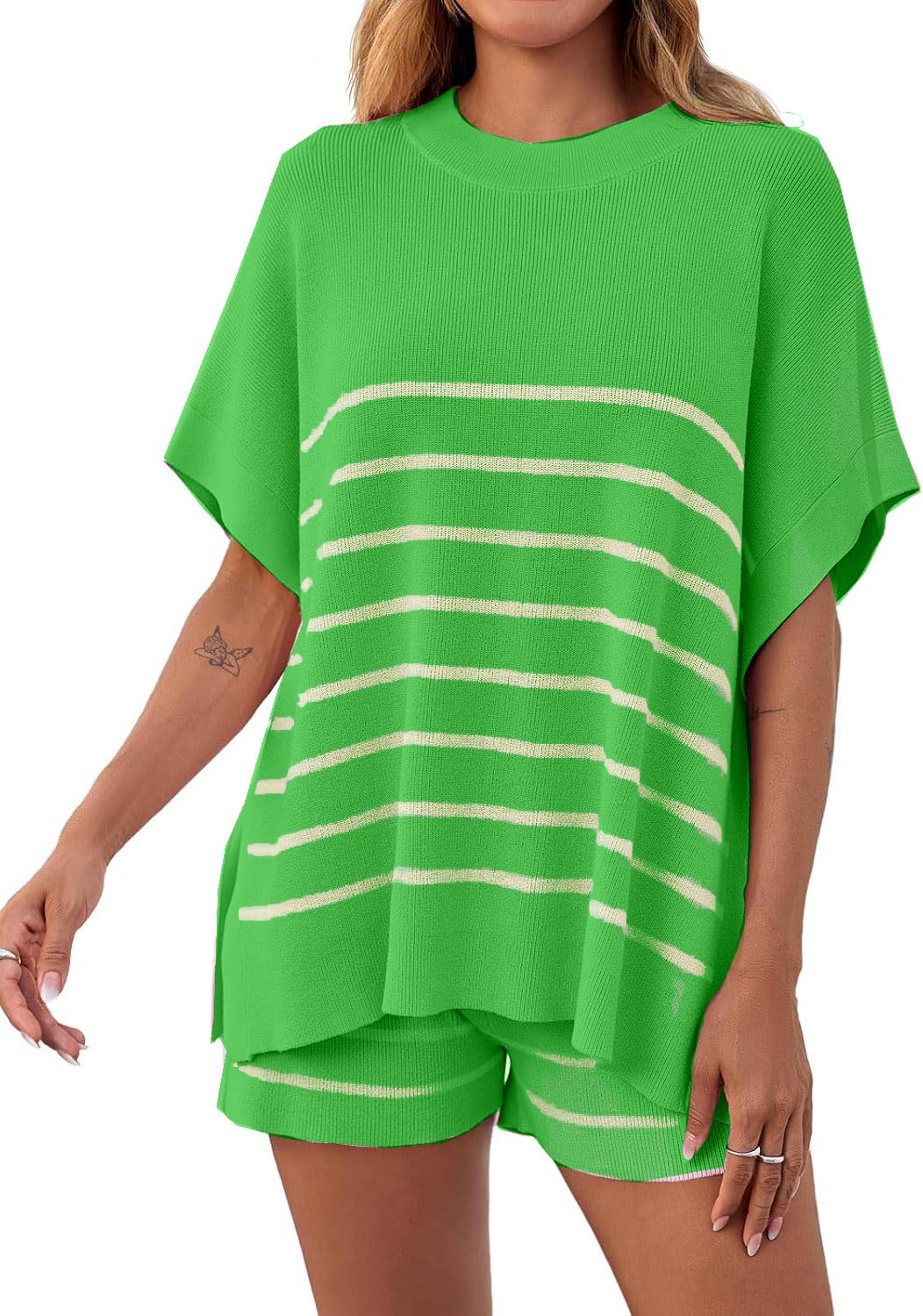 Women's Striped Two-Piece Oversized Batwing Sleeve Short Sleeve Top and Shorts Set