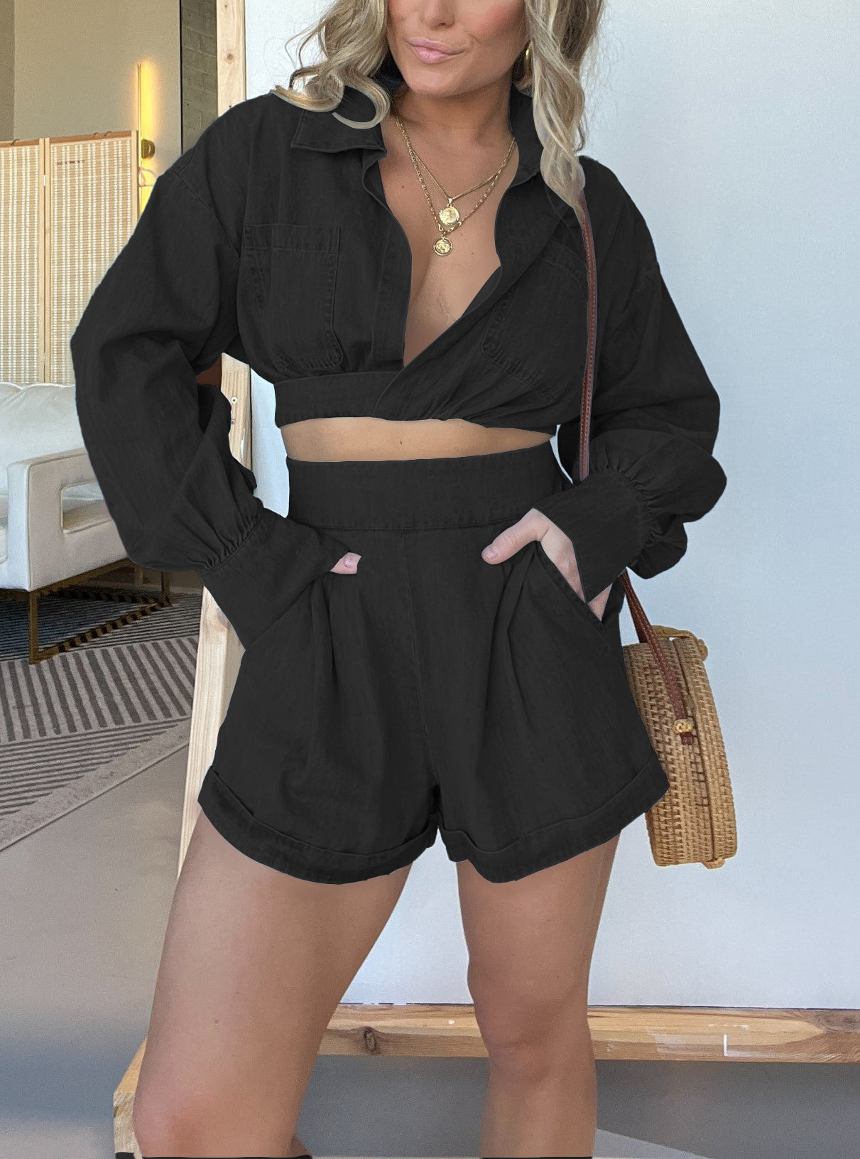 2024 Long Sleeves Crop Shirt and Shorts Denim Set (Buy 2 Free Shipping)