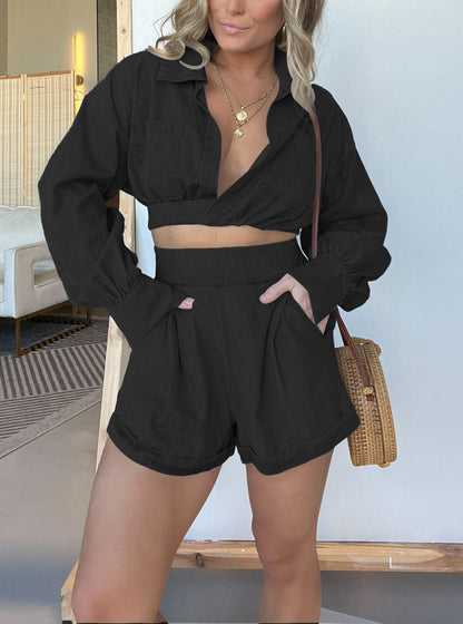 2024 Long Sleeves Crop Shirt and Shorts Denim Set (Buy 2 Free Shipping)