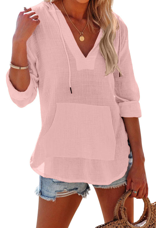 Limited time sale🔥 Women's Long Sleeve V Neck Pocketed Hooded Shirt Top