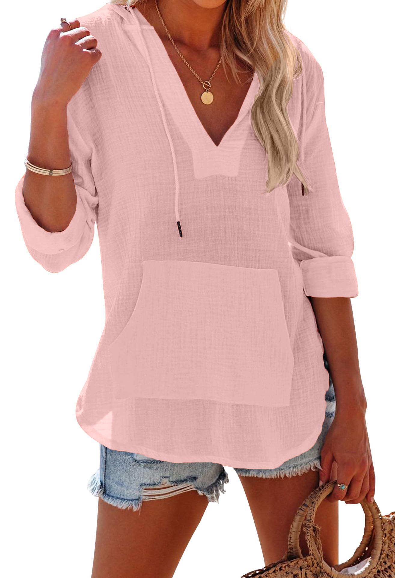 ✨ Women's Long Sleeve V Neck Pocketed Hooded Shirt Top