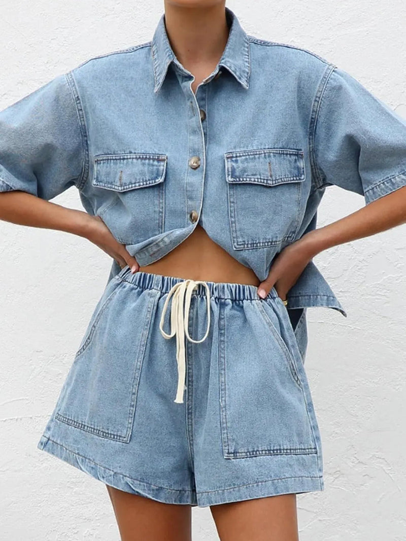 WOMEN'S WASH DENIM SHIRT & SHORTS TWO-PIECE SET
