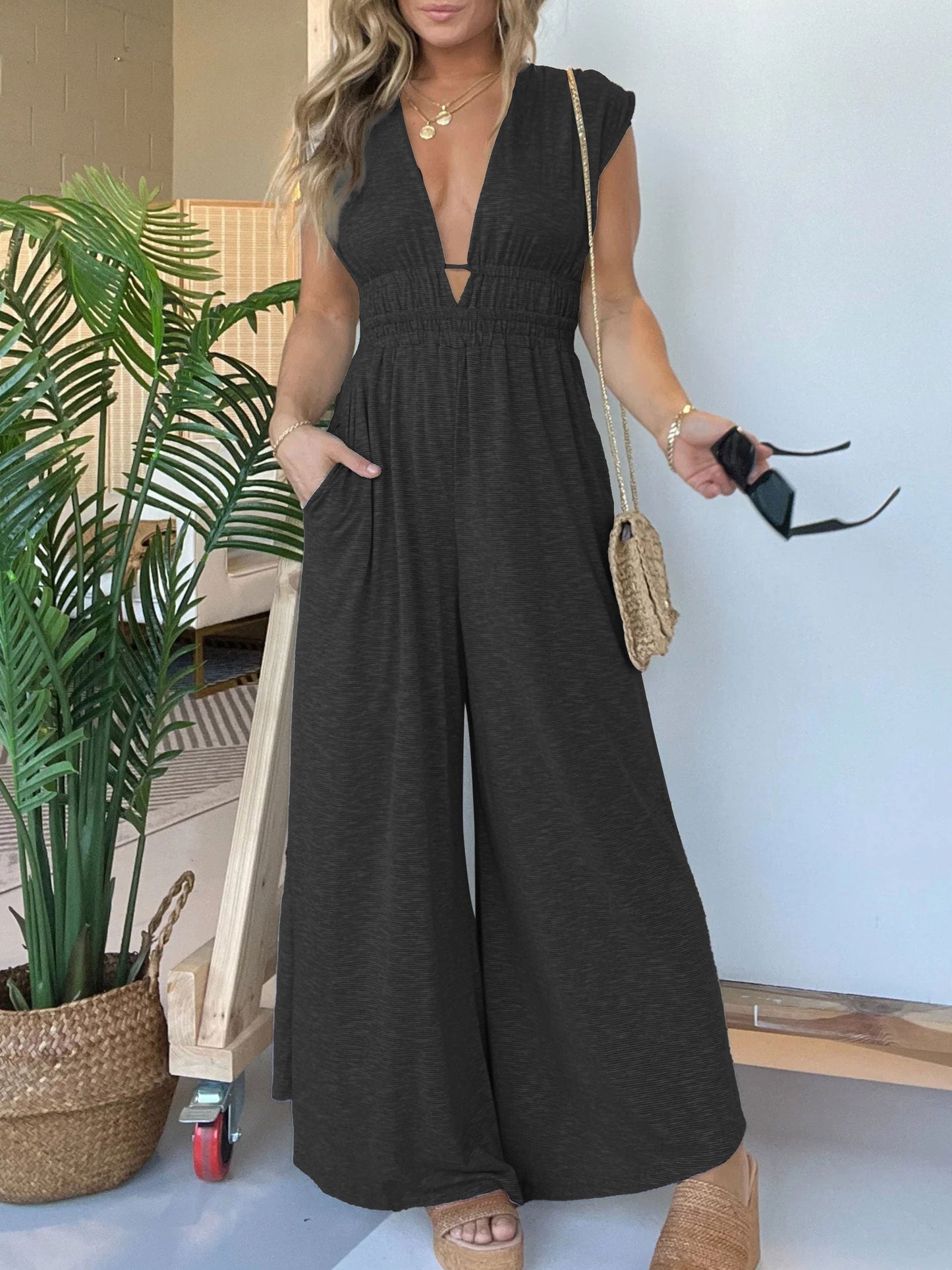 Women's Deep V Hi Lo Hem Jumpsuit (Buy 2 Free Shipping)
