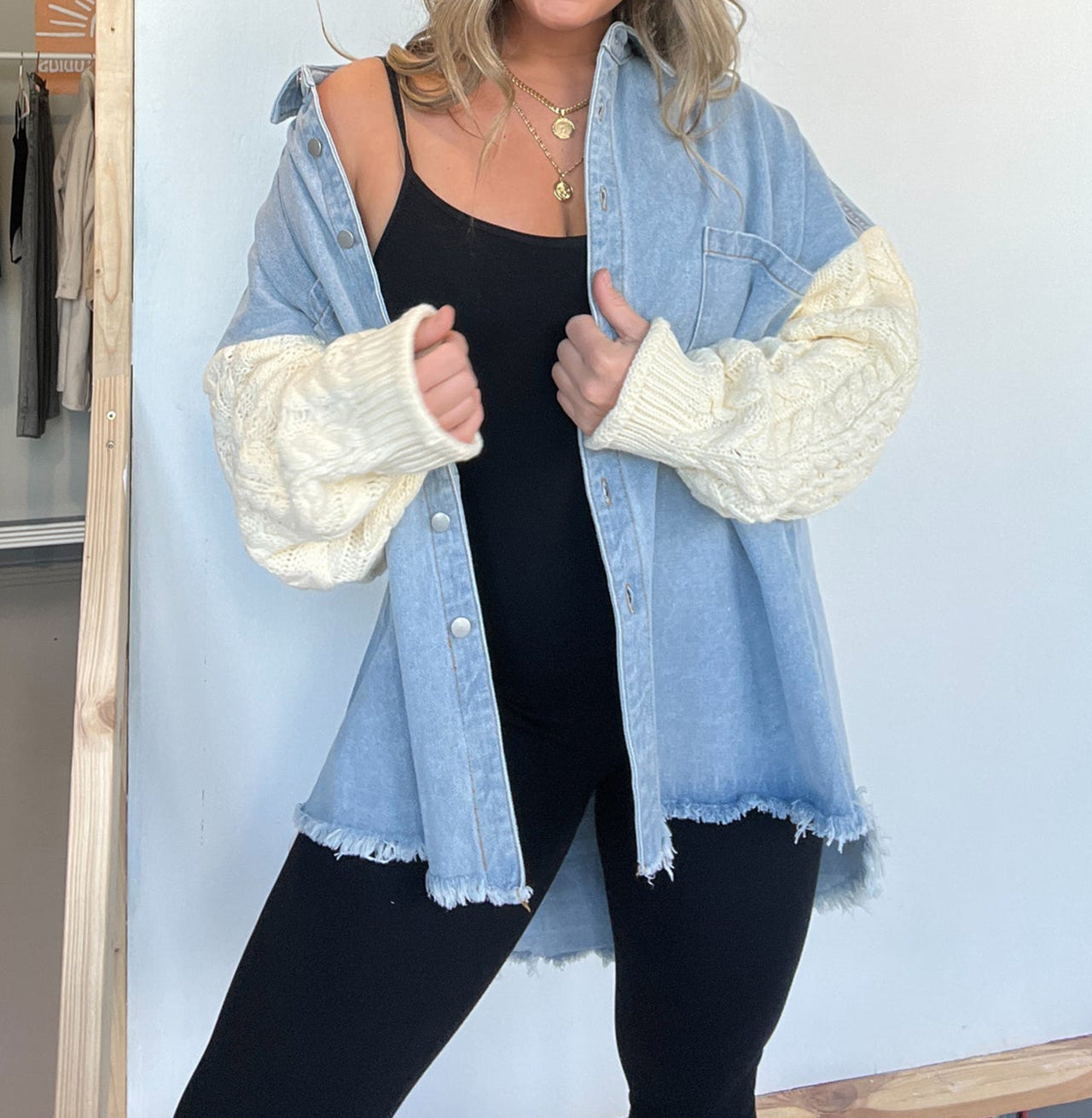Cozy Sweater Sleeve Denim Shacket (Buy 2 Free Shipping)