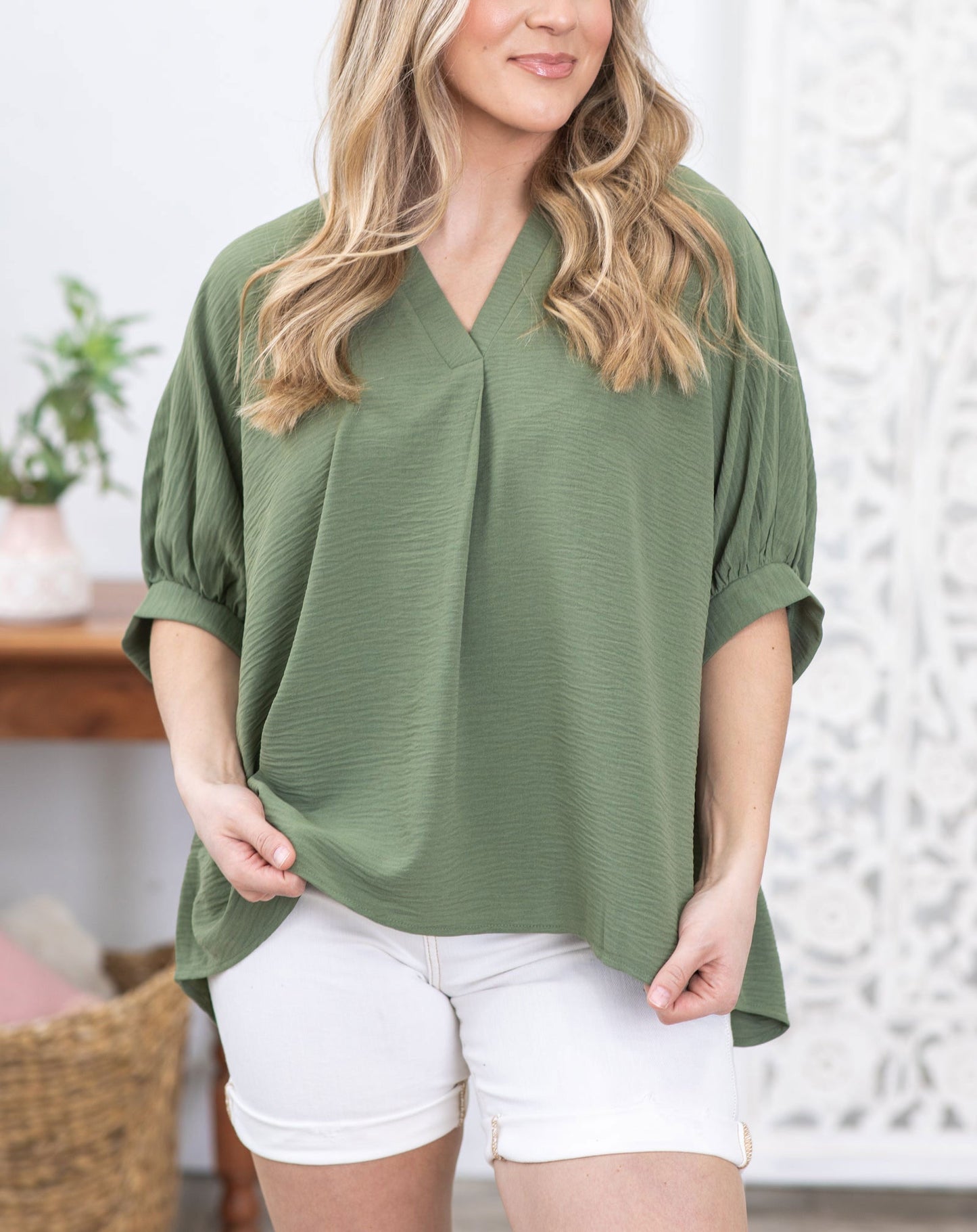 Puff Sleeve Woven Top (Buy 2 Free Shipping)