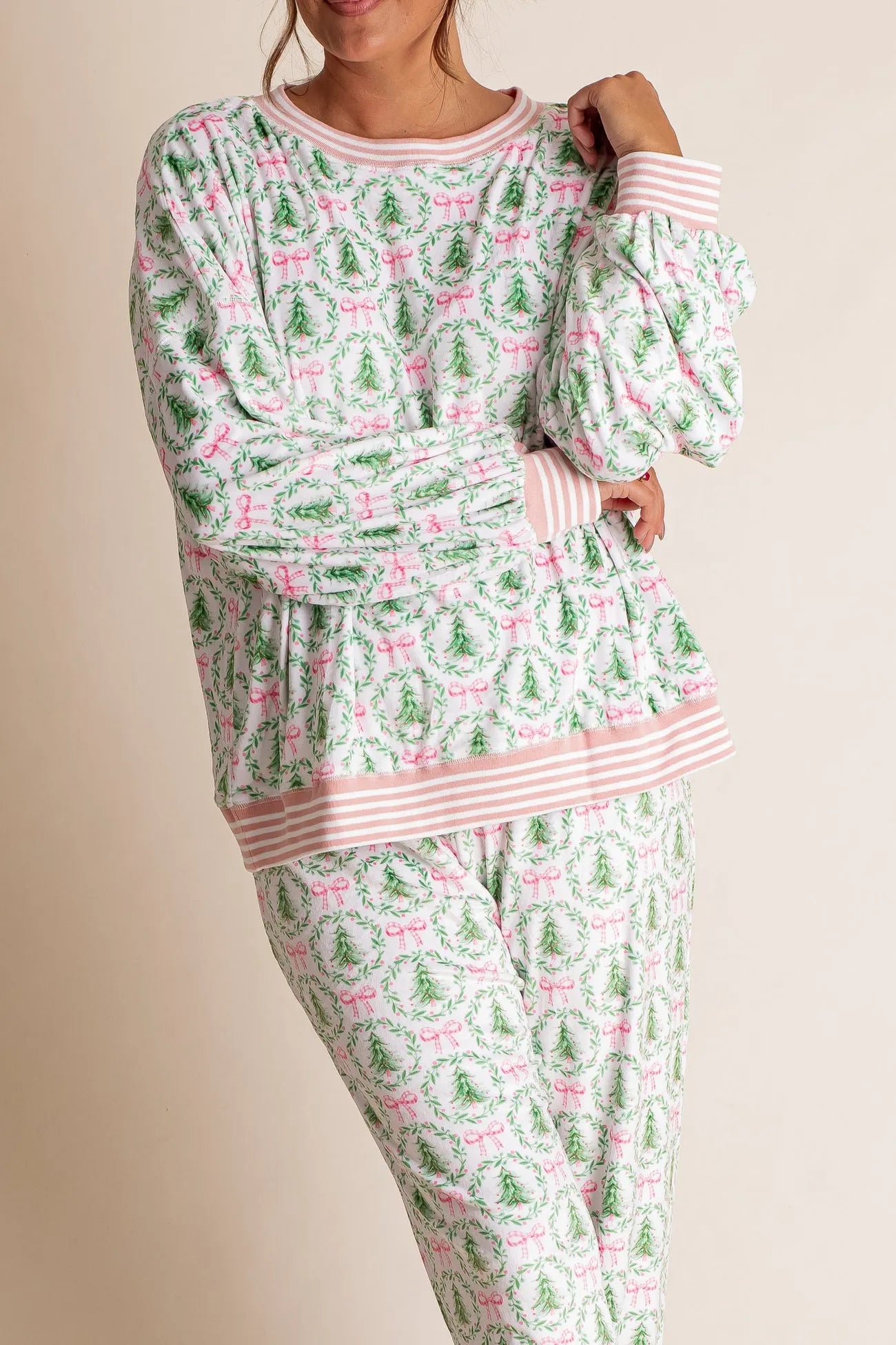 Christmas Tree Bow Satin Pajamas Set - Pink and Green
