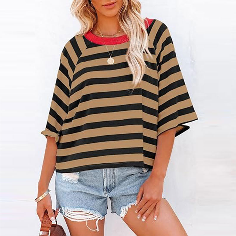 Women Summer Striped  Color Blocking T Shirts Tee