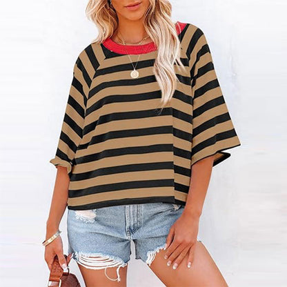 Women Summer Striped  Color Blocking T Shirts Tee
