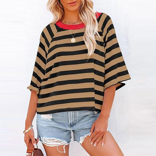 Women Summer Striped  Color Blocking T Shirts Tee