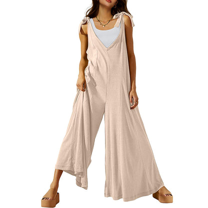 Women's Tie Strap Causal  Sleeveless Wide Leg Long Rompers