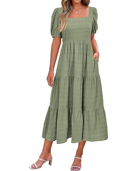 Women's Summer Puff Sleeve Loose Fit Midi Dress （BUY 2 FREE SHIPPING)
