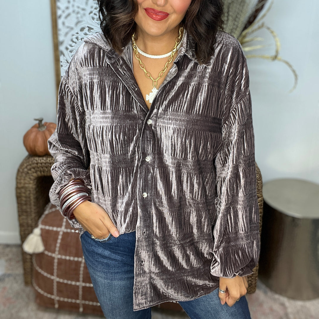 Women's Shirred Velvet Button Down Top (Buy 2 Free Shipping)