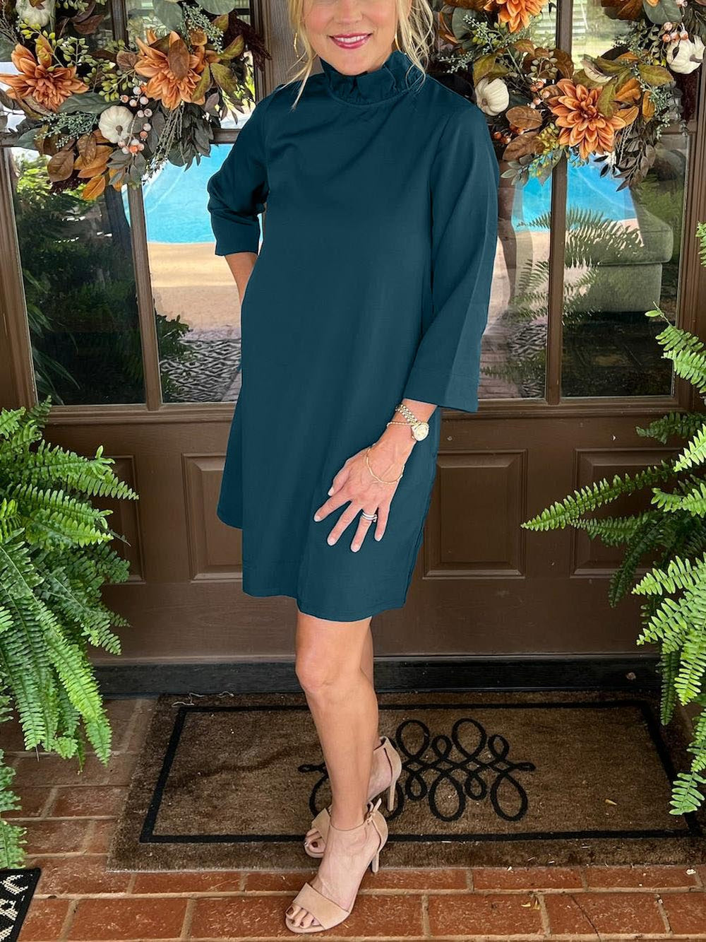 ✨Tied back Bow Round Ruffled Neckline Dress with Pockets