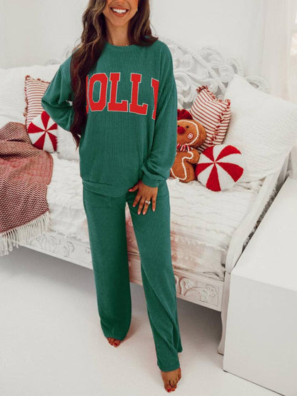 Limited time sale🔥Womens JOLLY Graphic Christmas Ribbed Long Sleeve Top & Pants 2 Piece Set