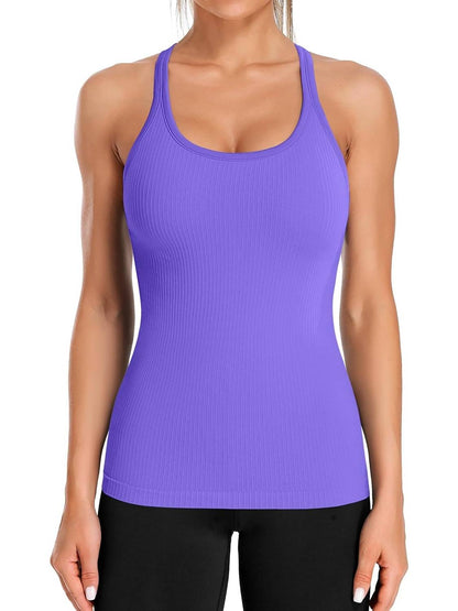 Women's Ribbed Workout Crop Racerback Tank Tops With Built in Bra
