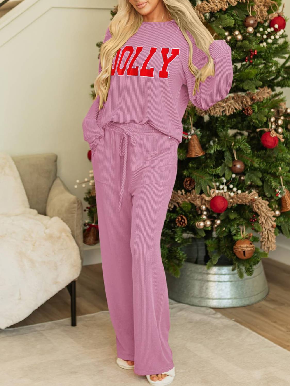 Limited time sale🔥Womens JOLLY Graphic Christmas Ribbed Long Sleeve Top & Pants 2 Piece Set