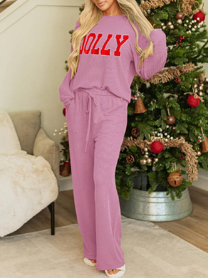 Limited time sale🔥Womens JOLLY Graphic Christmas Ribbed Long Sleeve Top & Pants 2 Piece Set