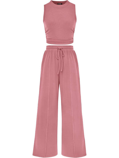 Limited time sale🔥Women Sleeveless Cropped Top Elastic Waist Wide Leg Pants 2 Piece Set