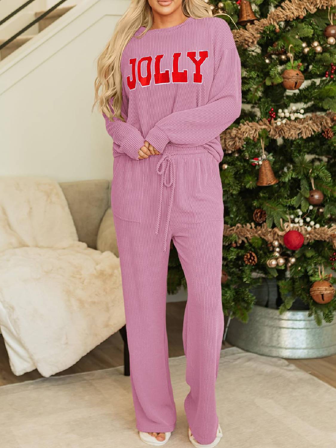 Limited time sale🔥Womens JOLLY Graphic Christmas Ribbed Long Sleeve Top & Pants 2 Piece Set