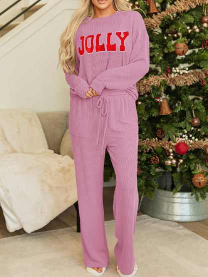 Limited time sale🔥Womens JOLLY Graphic Christmas Ribbed Long Sleeve Top & Pants 2 Piece Set