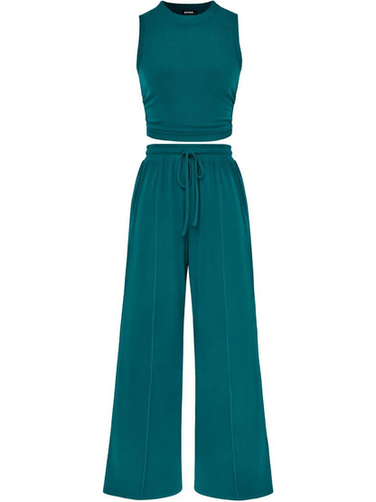 Limited time sale🔥Women Sleeveless Cropped Top Elastic Waist Wide Leg Pants 2 Piece Set