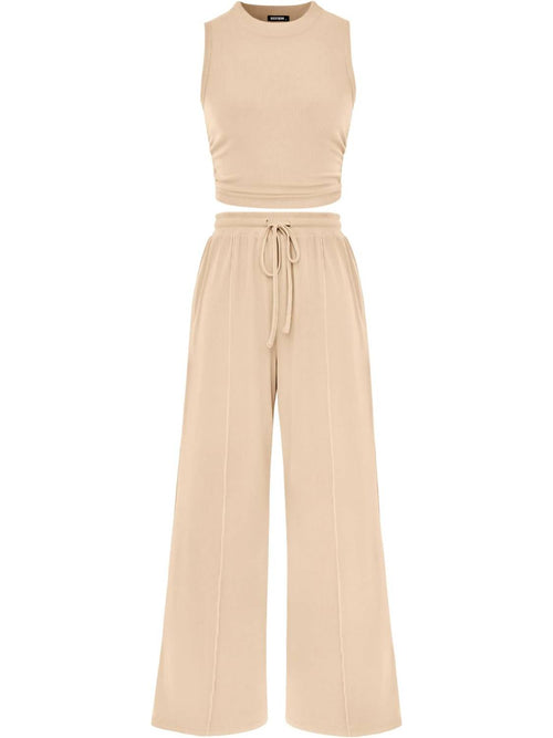 Limited time sale🔥Women Sleeveless Cropped Top Elastic Waist Wide Leg Pants 2 Piece Set